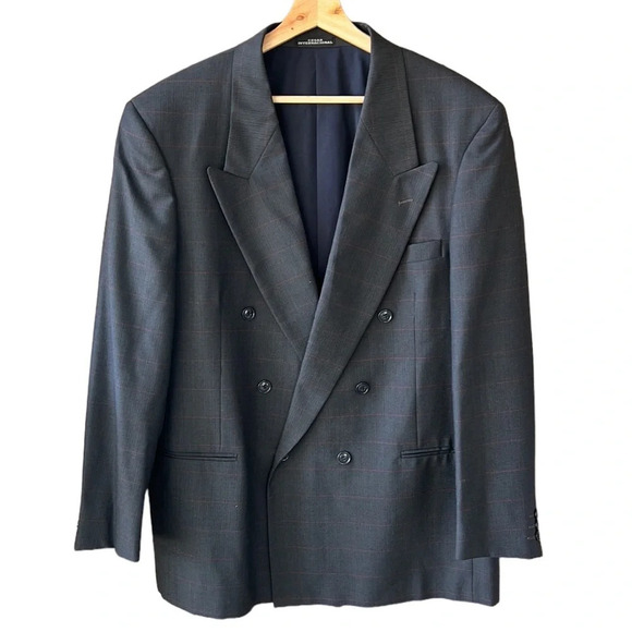 Givenchy Men Wool Blend Double Breasted Blazer Charcoal/ Red Window Pane Sz.44